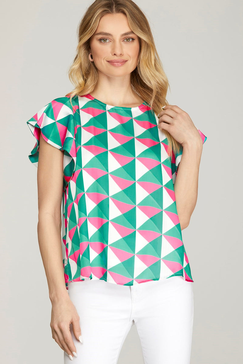 Flutter Sleeve Pink and Green Woven Toop