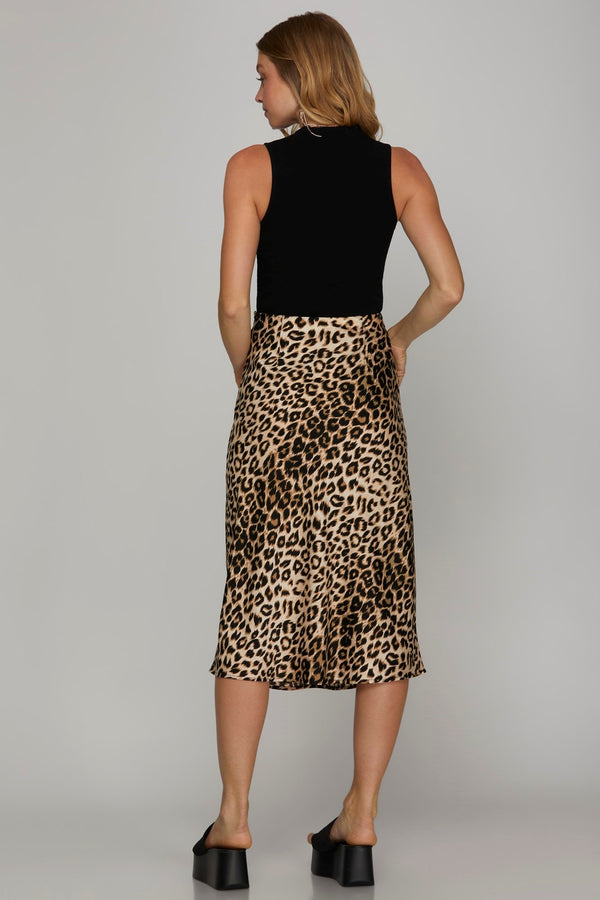 Mocha Satin Leopard Print A-Line Midi Skirt