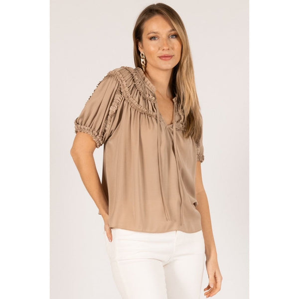 Taupe Silky Satin Ruffle Trim Taupe Short Sleeve Top