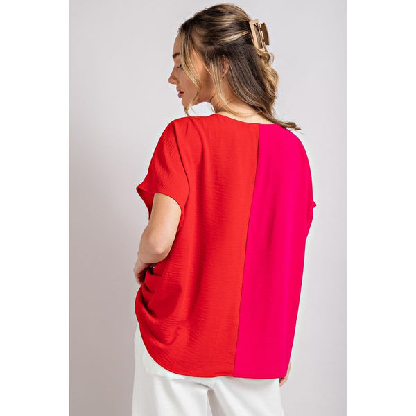 Hot Pink/Tomato Colorblock V-Neck Short Sleeve Top