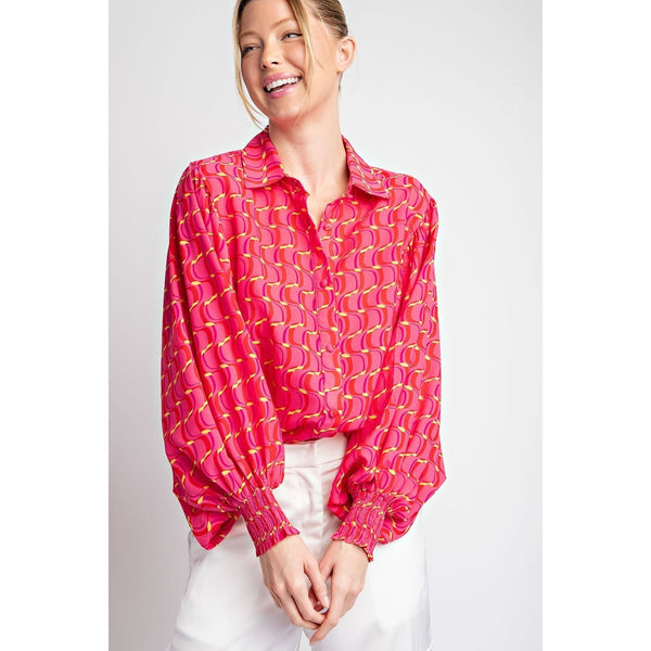 Hot Pink Printed Bubble Sleeve Blouse Top