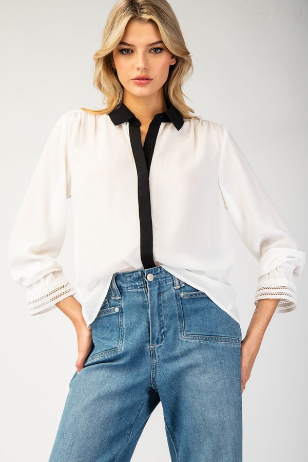 Collar Color Block Blouse Top