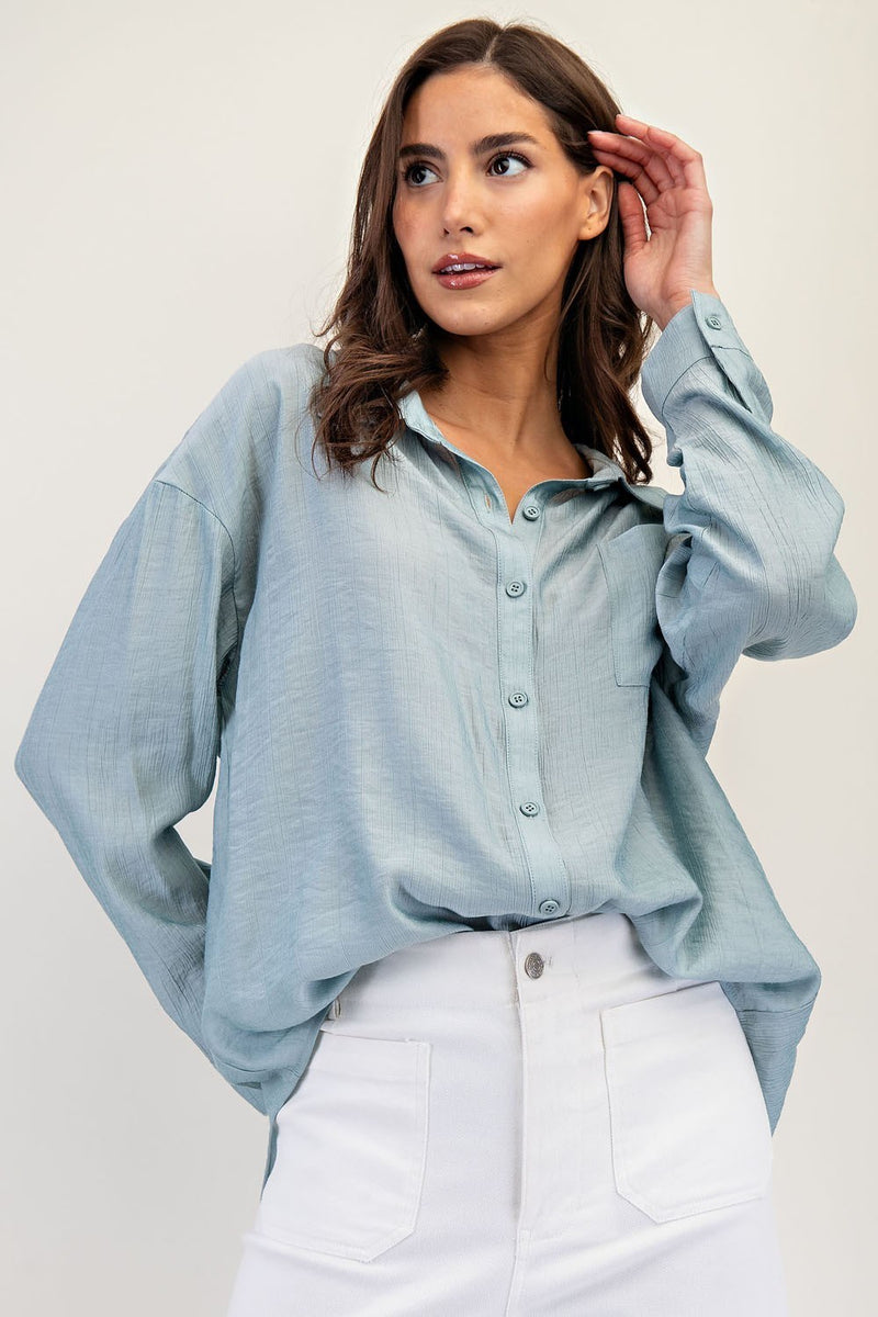 Button Down Long Sleeve Shirt - Stone Blue