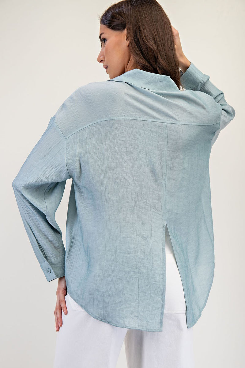 Button Down Long Sleeve Shirt - Stone Blue