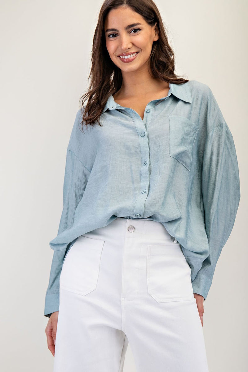 Button Down Long Sleeve Shirt - Stone Blue