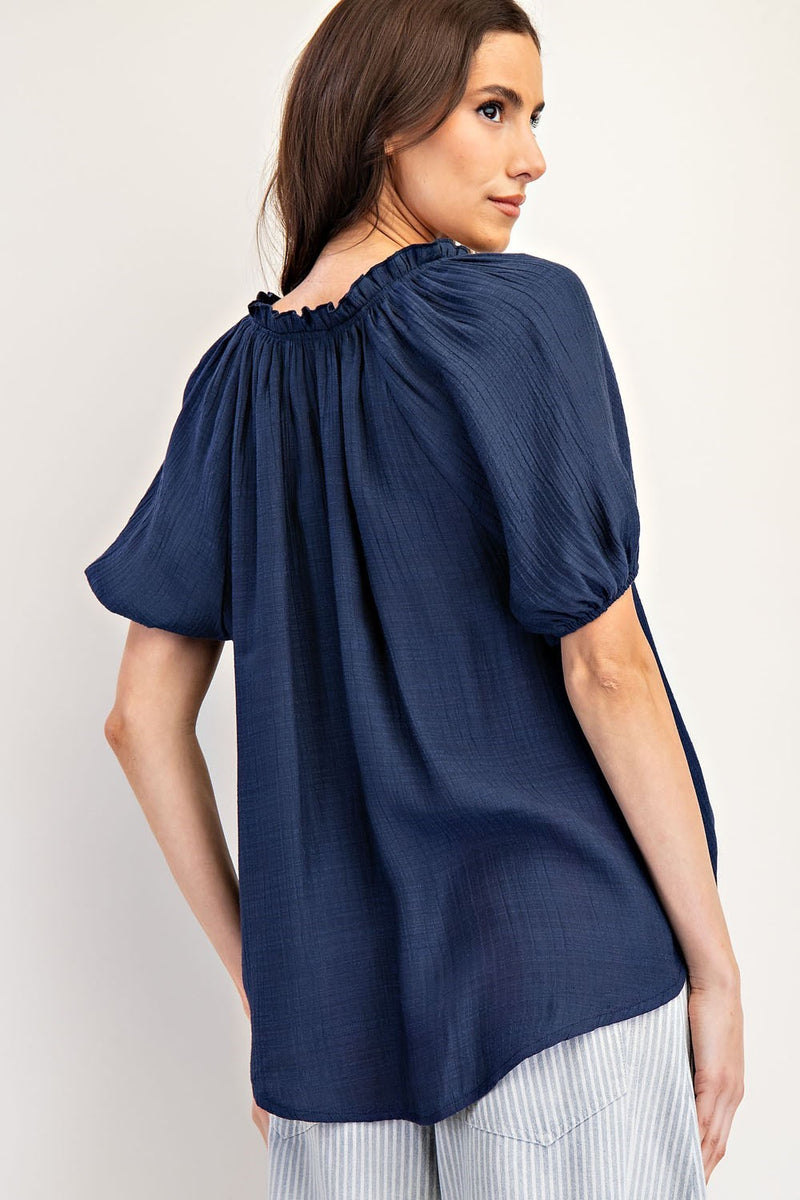 Puff Sleeve V-Neck Top - Navy