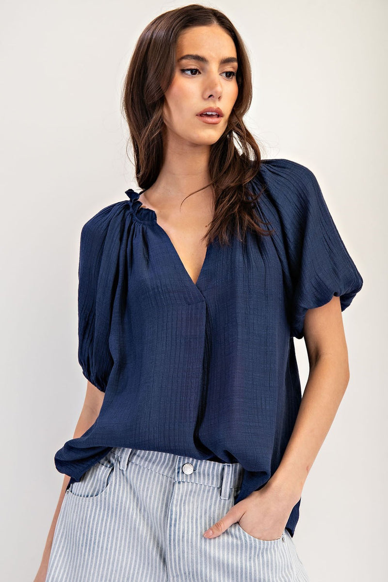 Puff Sleeve V-Neck Top - Navy