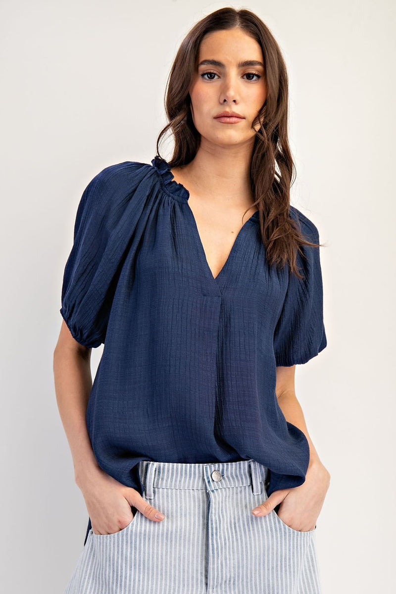 Puff Sleeve V-Neck Top - Navy