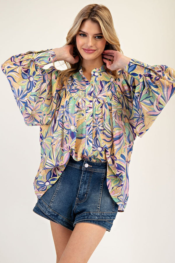 Floral Printed Long Sleeve Blouse Top - Blueberry