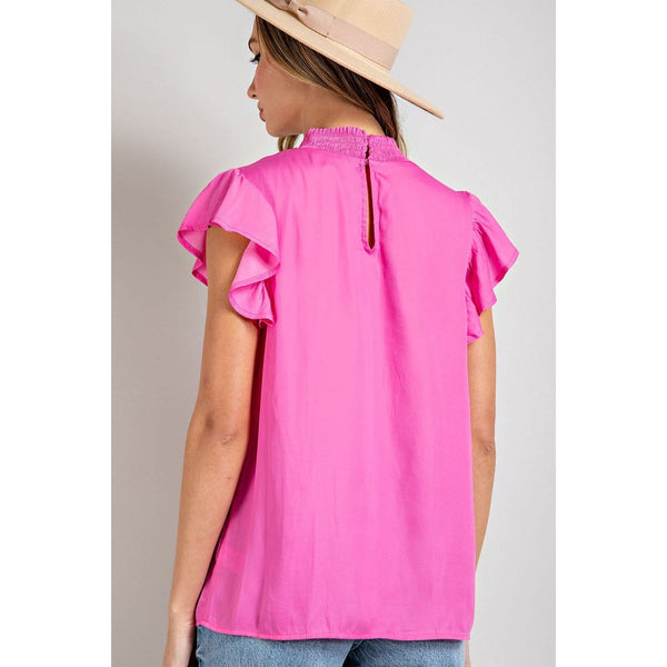 Cotton Candy Blouse Top with a Smocked Mock Neck and Short Ruffles