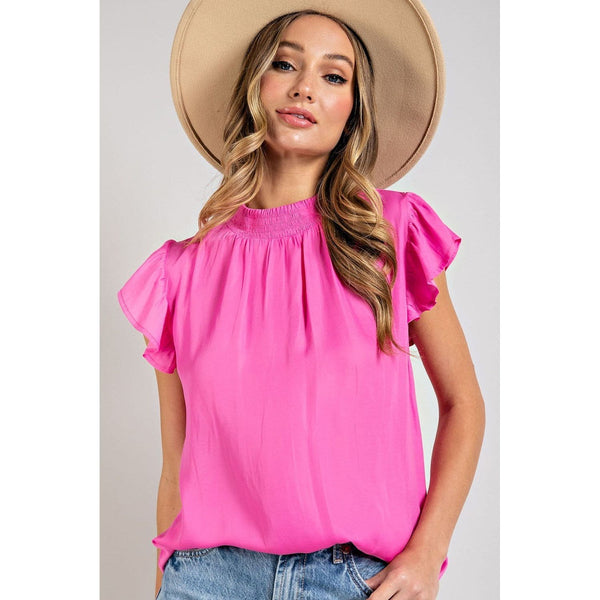 Cotton Candy Blouse Top with a Smocked Mock Neck and Short Ruffles