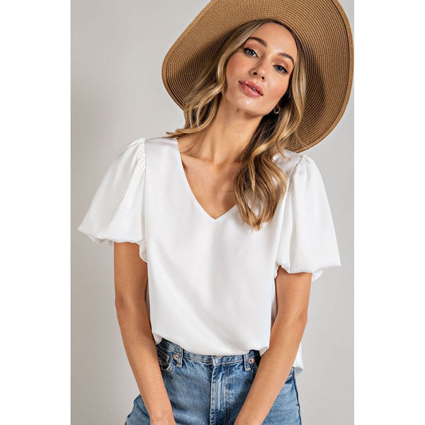 Off White V-Neck Puff Sleeve Blouse Top