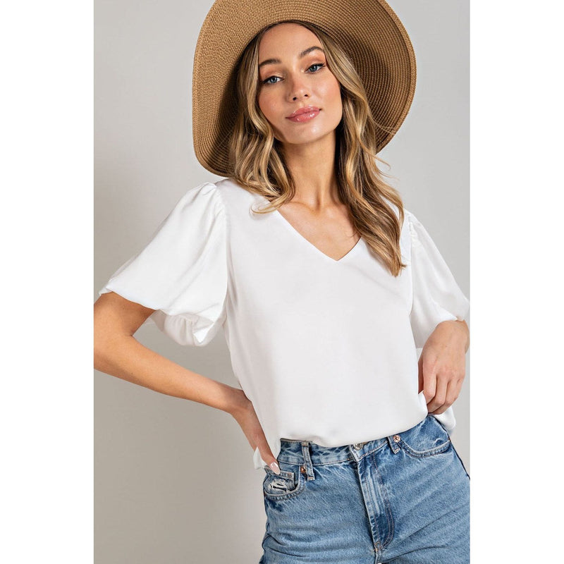 Off White V-Neck Puff Sleeve Blouse Top