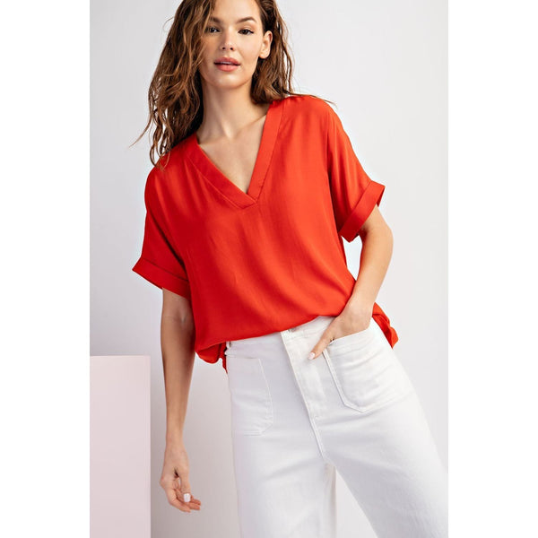 Tomato Short Sleeve Faux Button Down Top