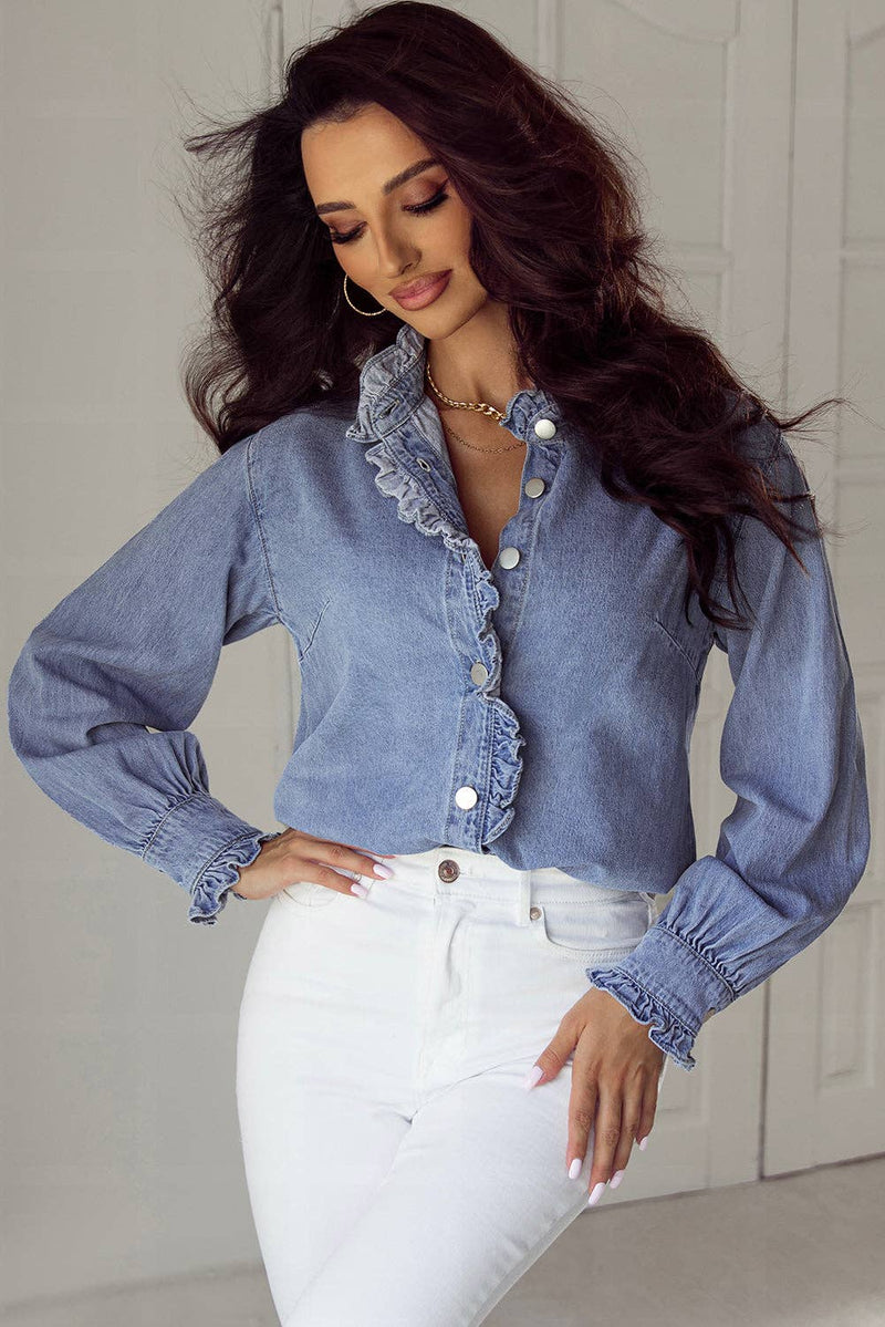 Beau Blue Ruffled Long Sleeve Buttoned Denim Shirt: Beau Blue