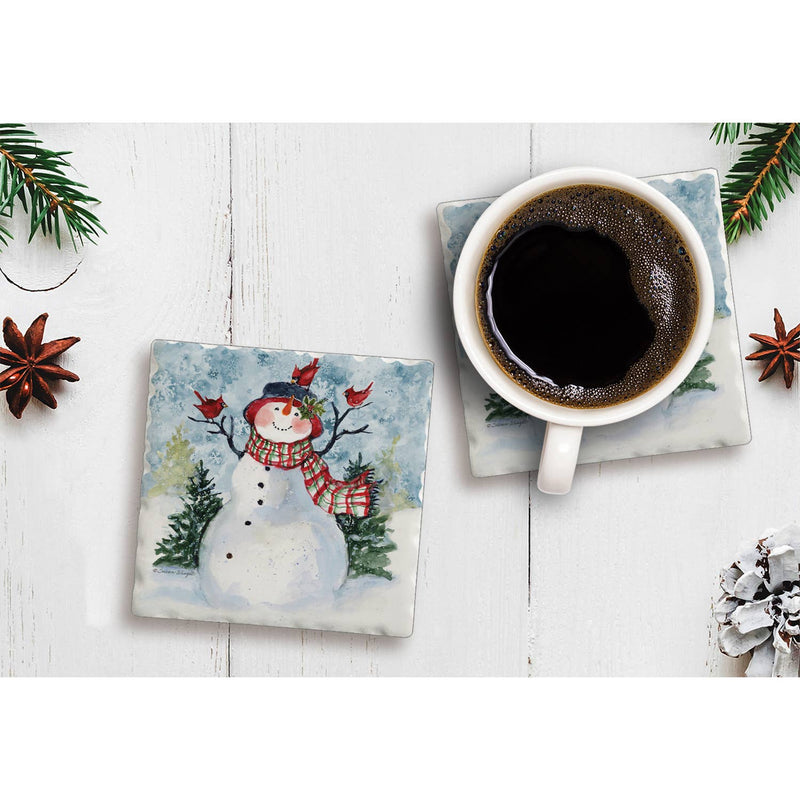 Snowman & Cardinals Single Absorbent Tumbled Tile Coaster