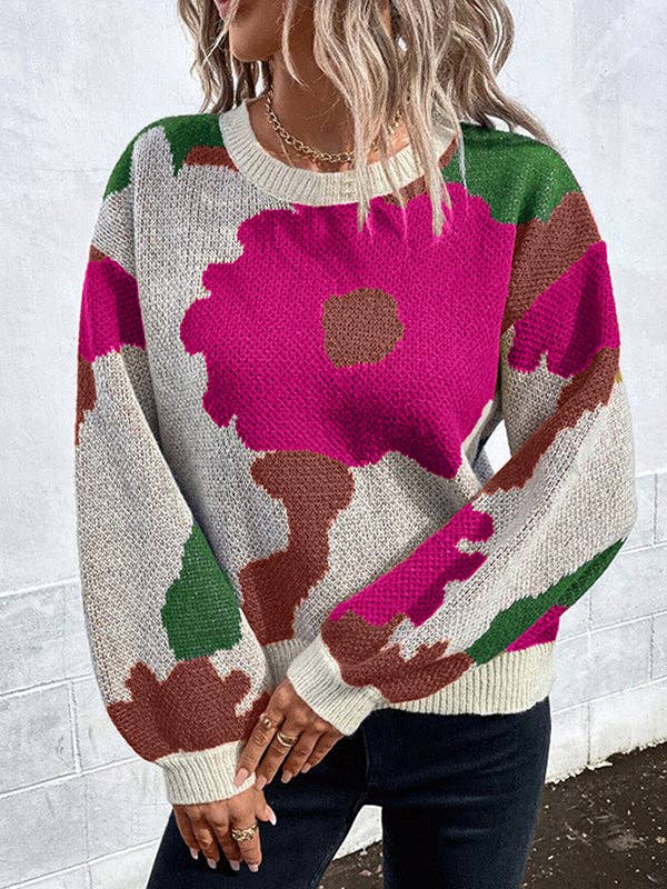 Loose Puff Sleeve Asymmetric Knitted Flower Round-Neck Sweater