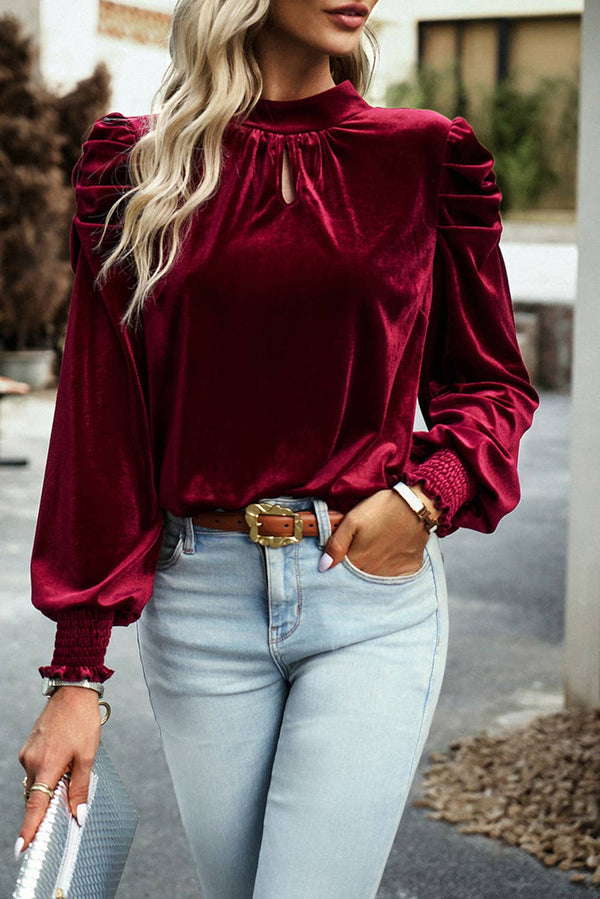 Mock Neck Puff Sleeve Velvet Blouse: Fiery Red