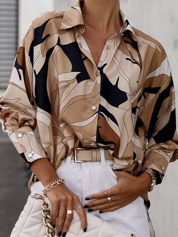 Long Sleeves Loose Buttoned Printed Lapel Blouse