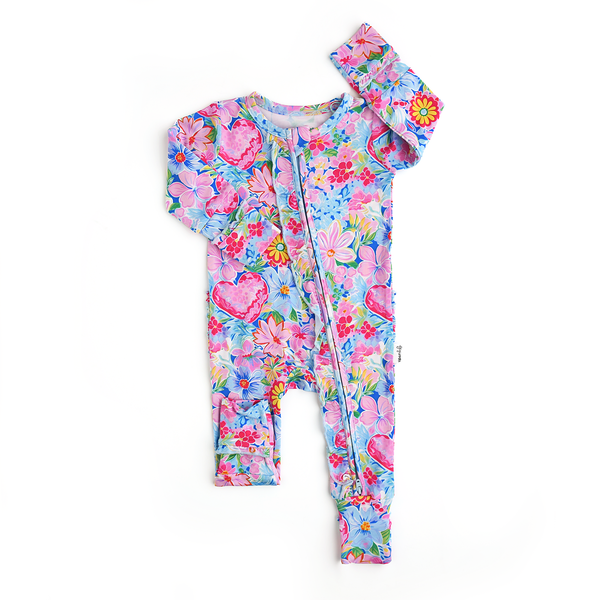 Pippa Floral Ruffle Zip Valentines Day Bamboo Baby Outfit