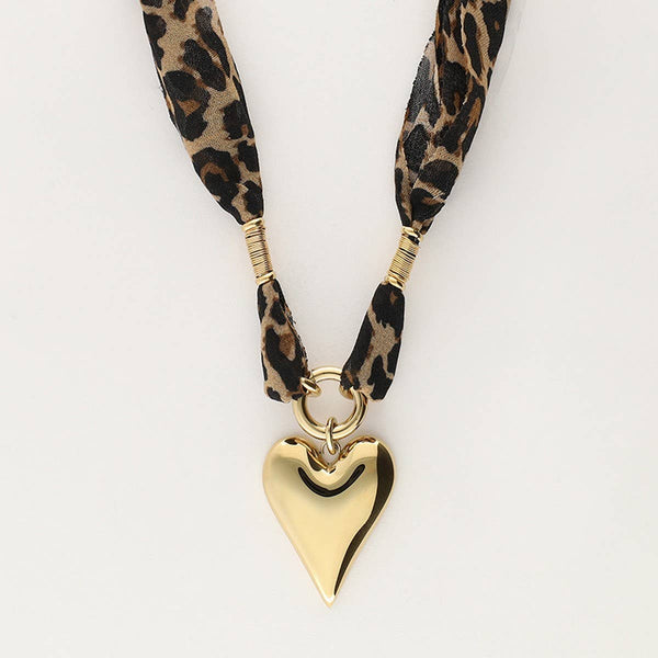 Leopard print heart stainless steel gold necklace