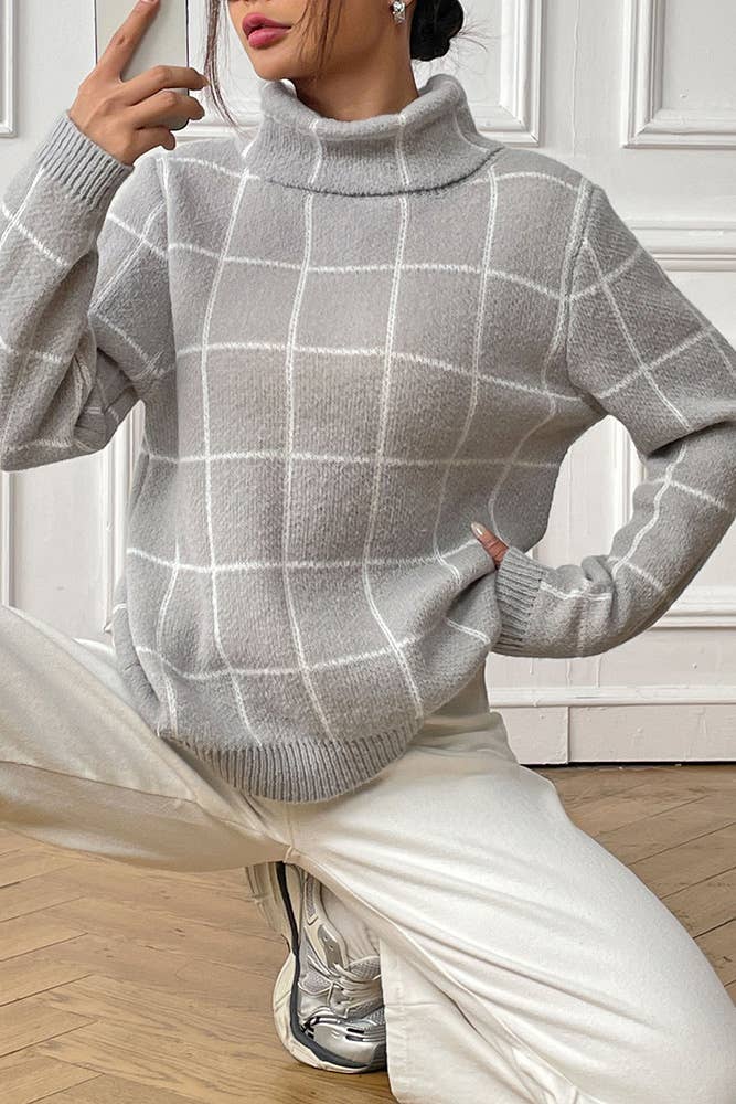 Gray Plaid Knit Turtle Neck Sweater