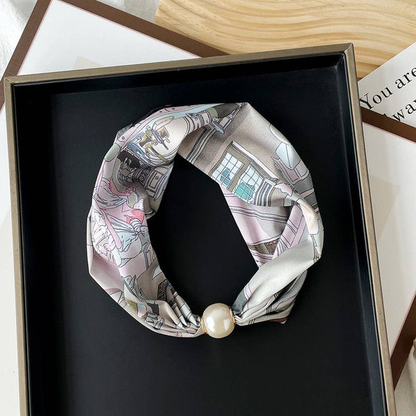 Silky Print Scarf Necklace – Pearl Magnetic Clasp