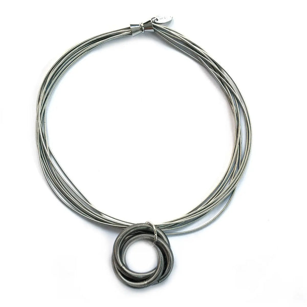 Multi Strand Silver Necklace with 3 Intertwined Circles Pendant and Magnetic Clasp