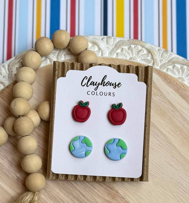 School Studs |  Teacher Earrings: Apples/World Studs