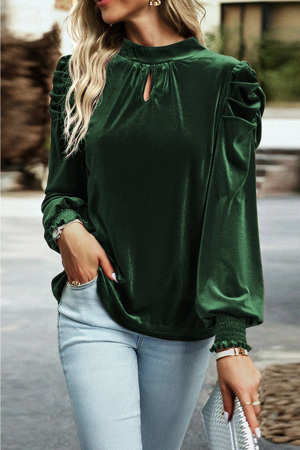 Mock Neck Puff Sleeve Velvet Blouse