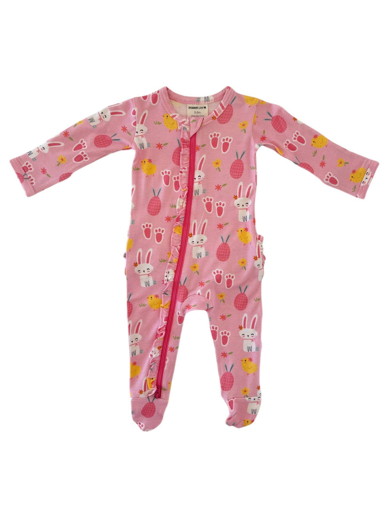 2-Way Ruffle Zip Footie, Pink Easter Bunny
