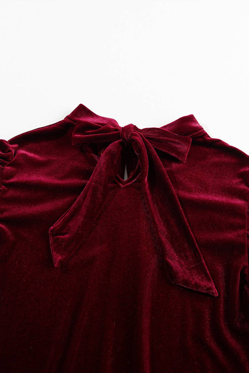 Mock Neck Puff Sleeve Velvet Blouse: Fiery Red