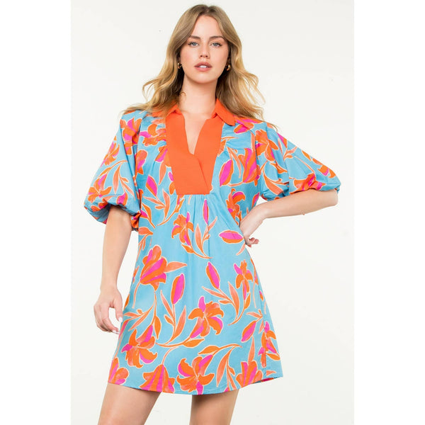 Puff Sleeve Flower Print Dress: Blue