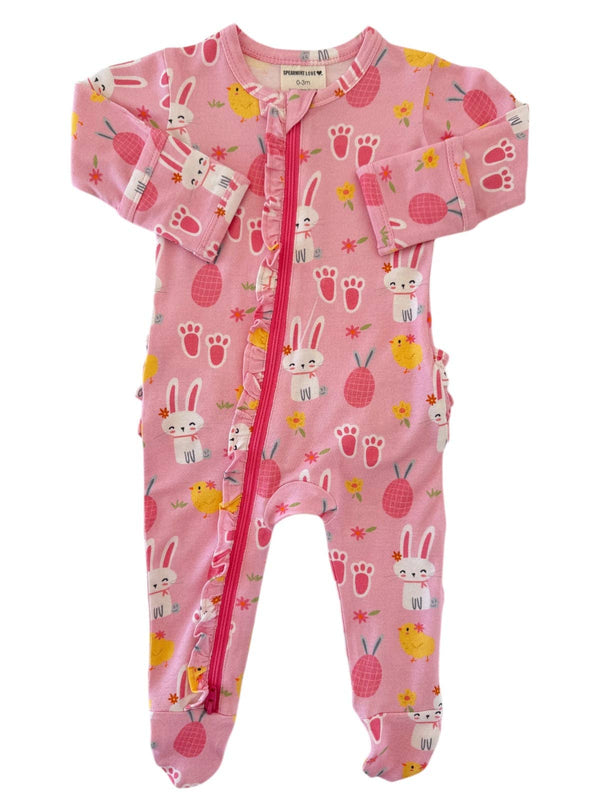 2-Way Ruffle Zip Footie, Pink Easter Bunny