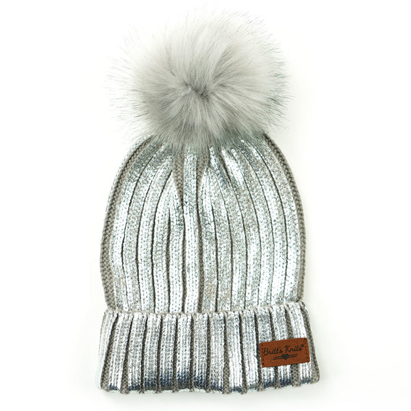 Silver Glacier Metallic Knit Pom Hat