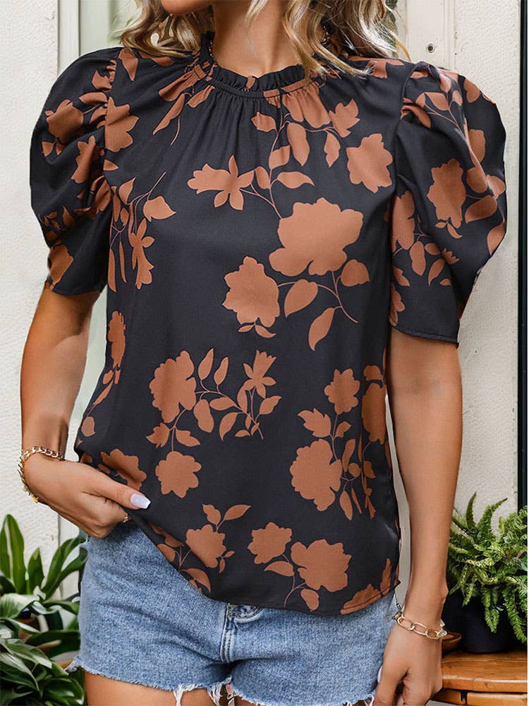 PUFF SLEEVE PRINTED CREW NECK SHIRT TOP: Black