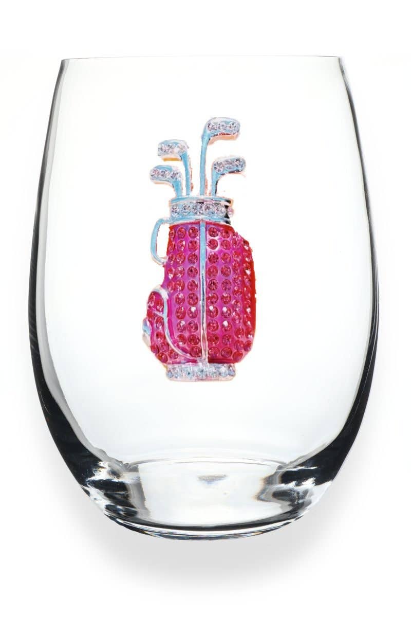 Pink Golf Bag Jeweled Stemless Wine Glass