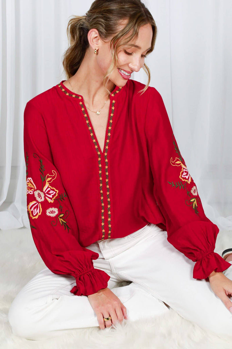 Bohemian Floral Embroidered Round Split Neck Blouse - Rust