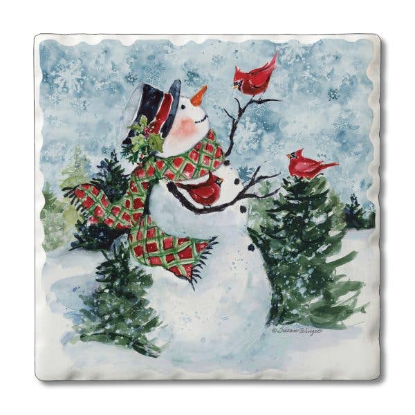 "Snowman Perch" Single Absorbent Stone Tumbled Tile Coaster