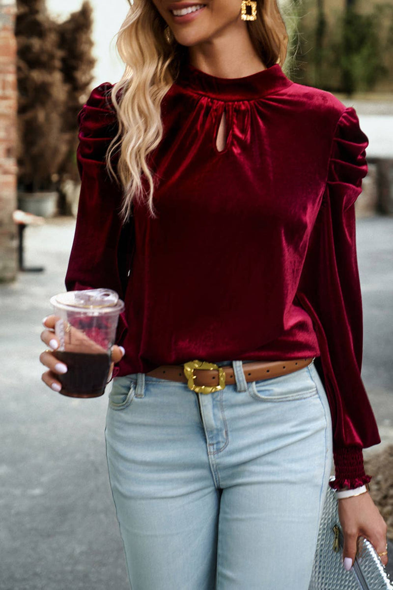 Mock Neck Puff Sleeve Velvet Blouse: Fiery Red