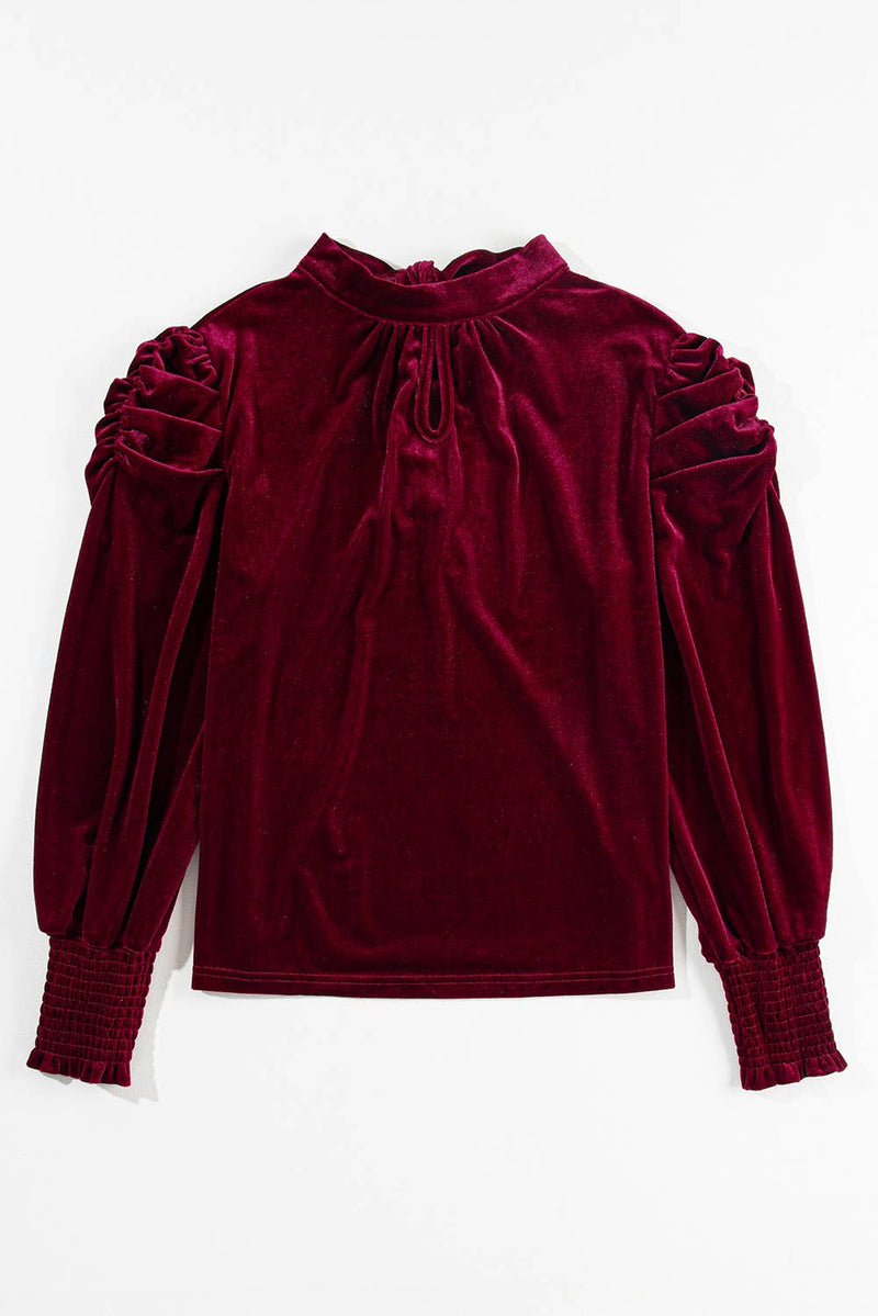 Mock Neck Puff Sleeve Velvet Blouse: Fiery Red