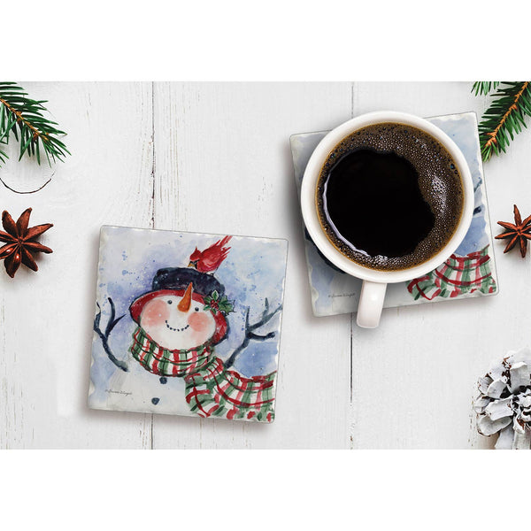 Snowman Green Plaid Single Absorbent Tumbled Tile Coaster