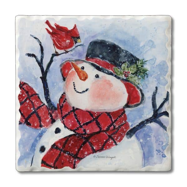 Snowman w/ Scarf Single Absorbent Stone Tumbled Tile Coaster