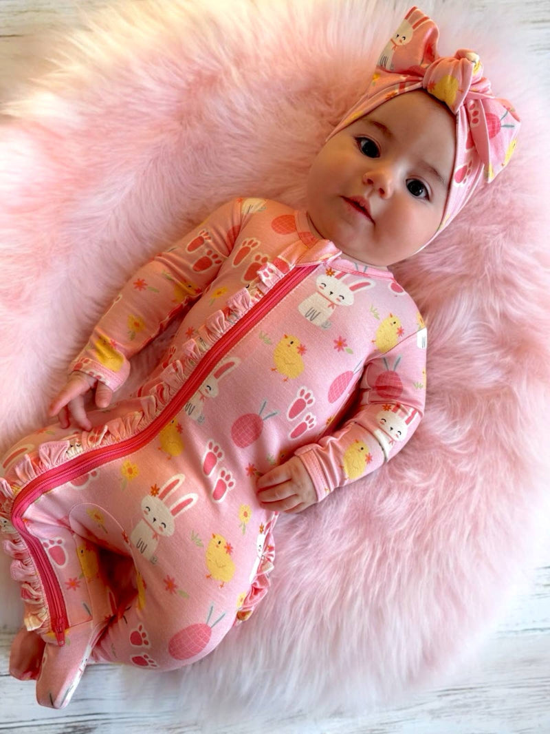 2-Way Ruffle Zip Footie, Pink Easter Bunny