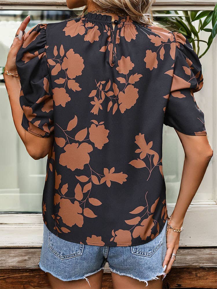 PUFF SLEEVE PRINTED CREW NECK SHIRT TOP: Black