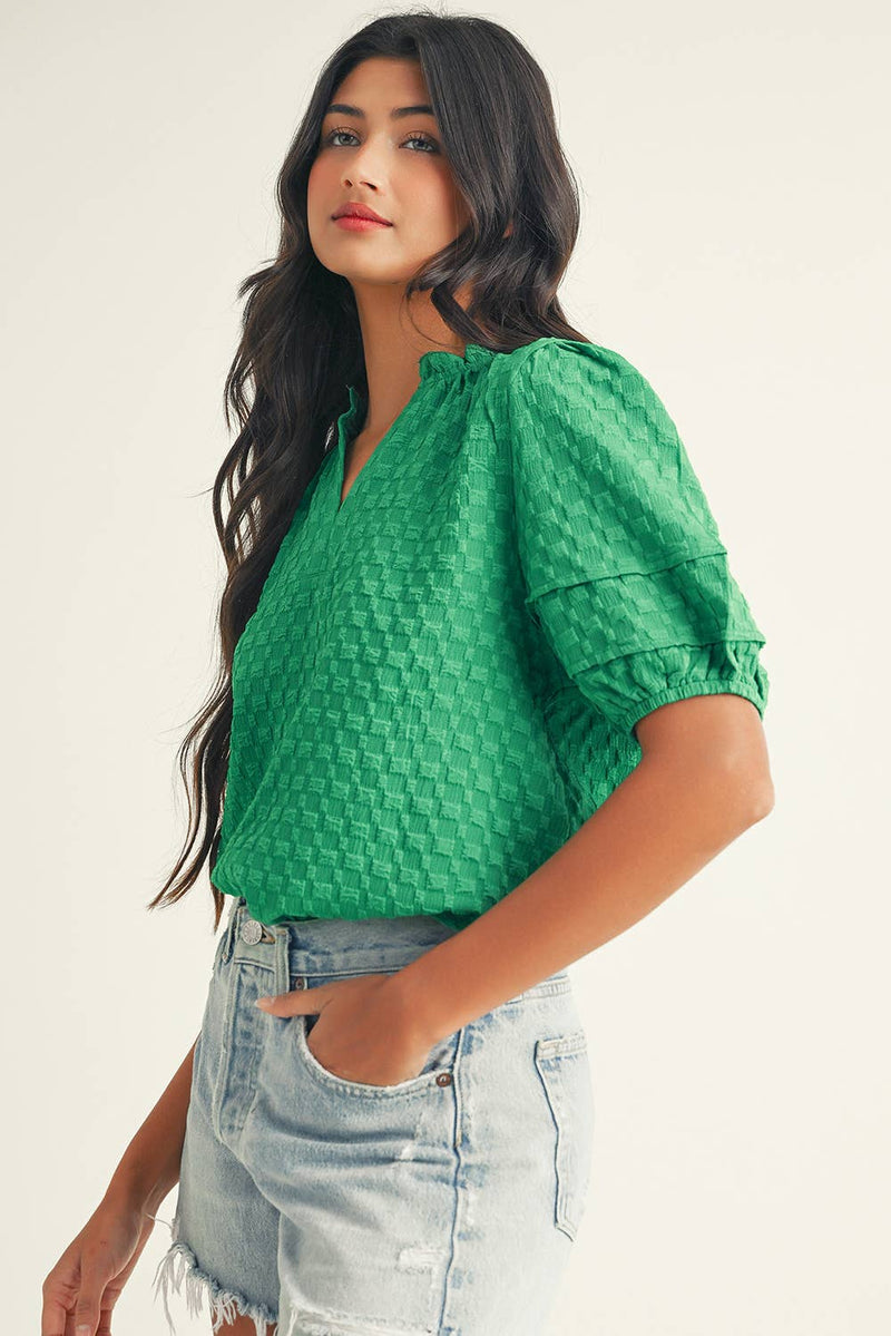 Textured Puff Short Sleeve Notched V Neck Top: Bright Green