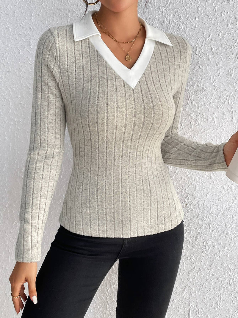V-neck knit long sleeve knit top: Grey
