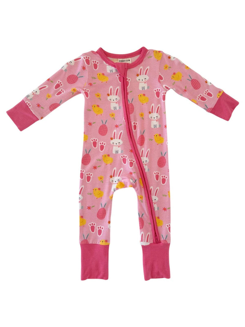 2-Way Convertible Zip Romper, Pink Easter Bunny