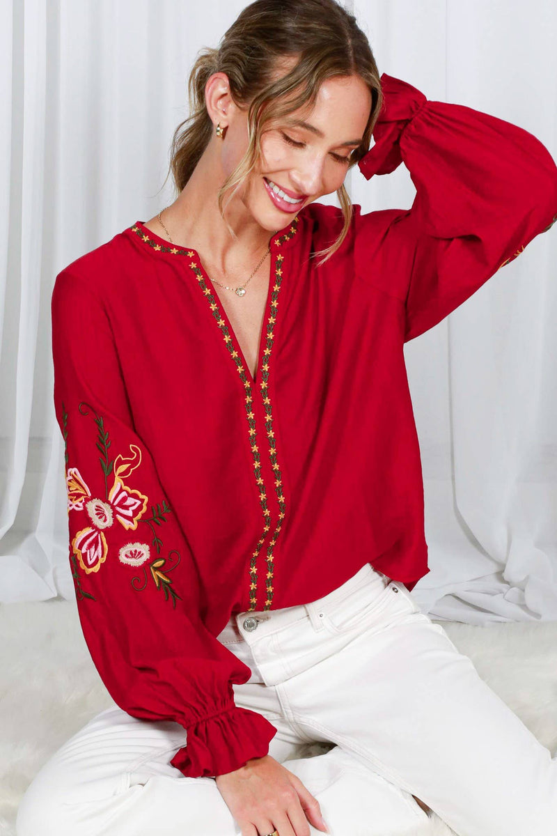 Bohemian Floral Embroidered Round Split Neck Blouse - Rust
