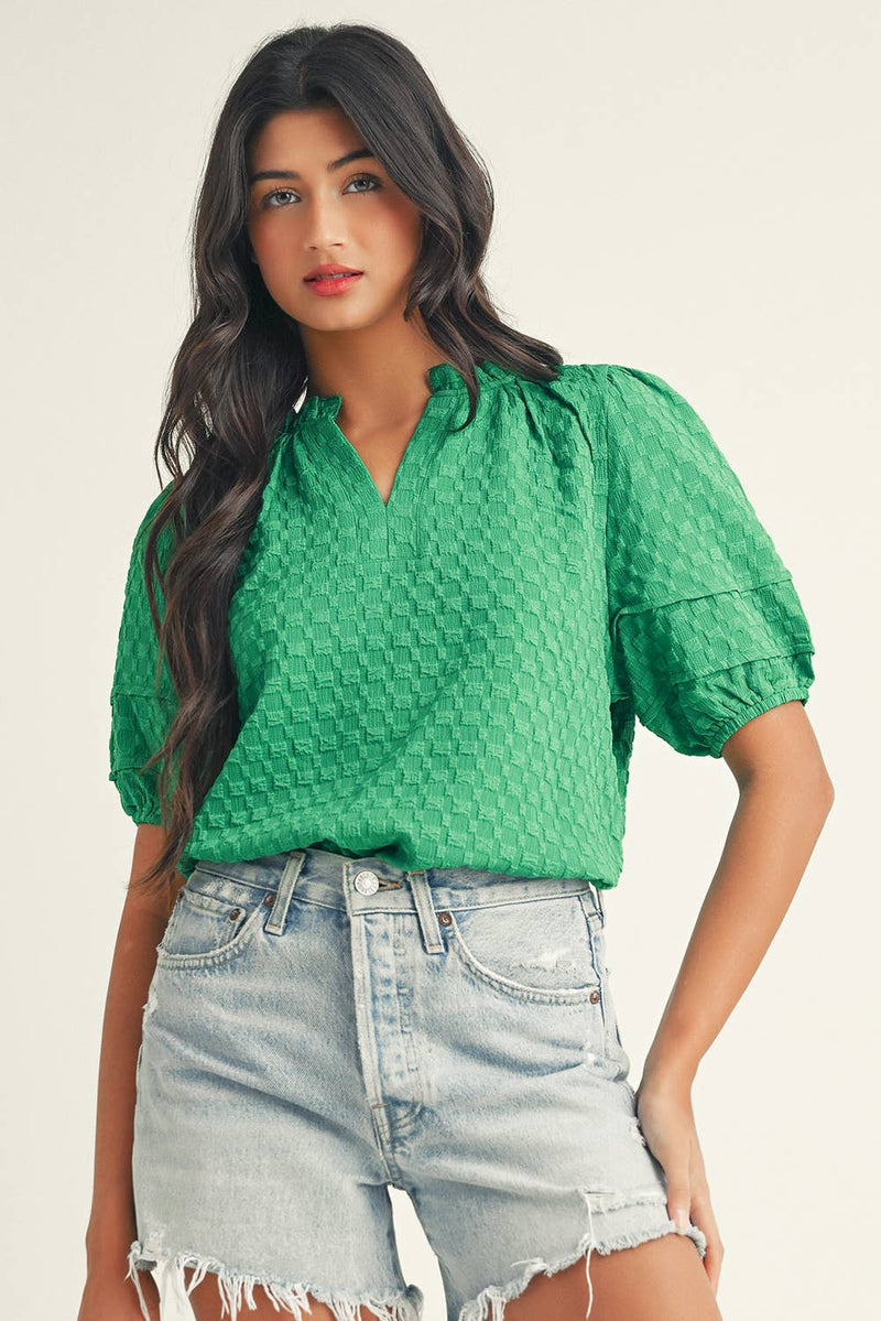 Textured Puff Short Sleeve Notched V Neck Top: Bright Green